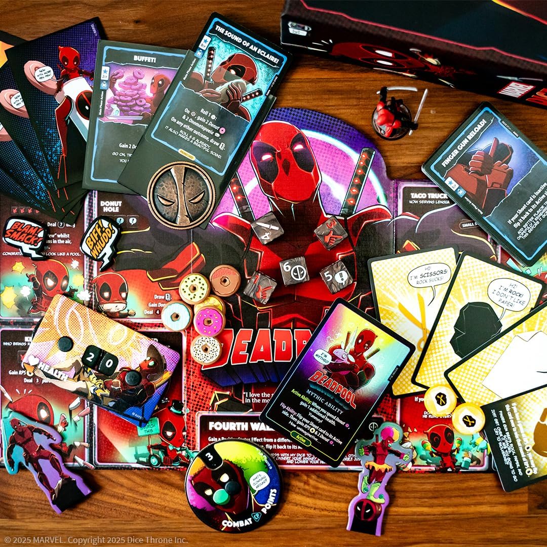 Collection of Deadpool-themed cards and figurines on a wooden surface