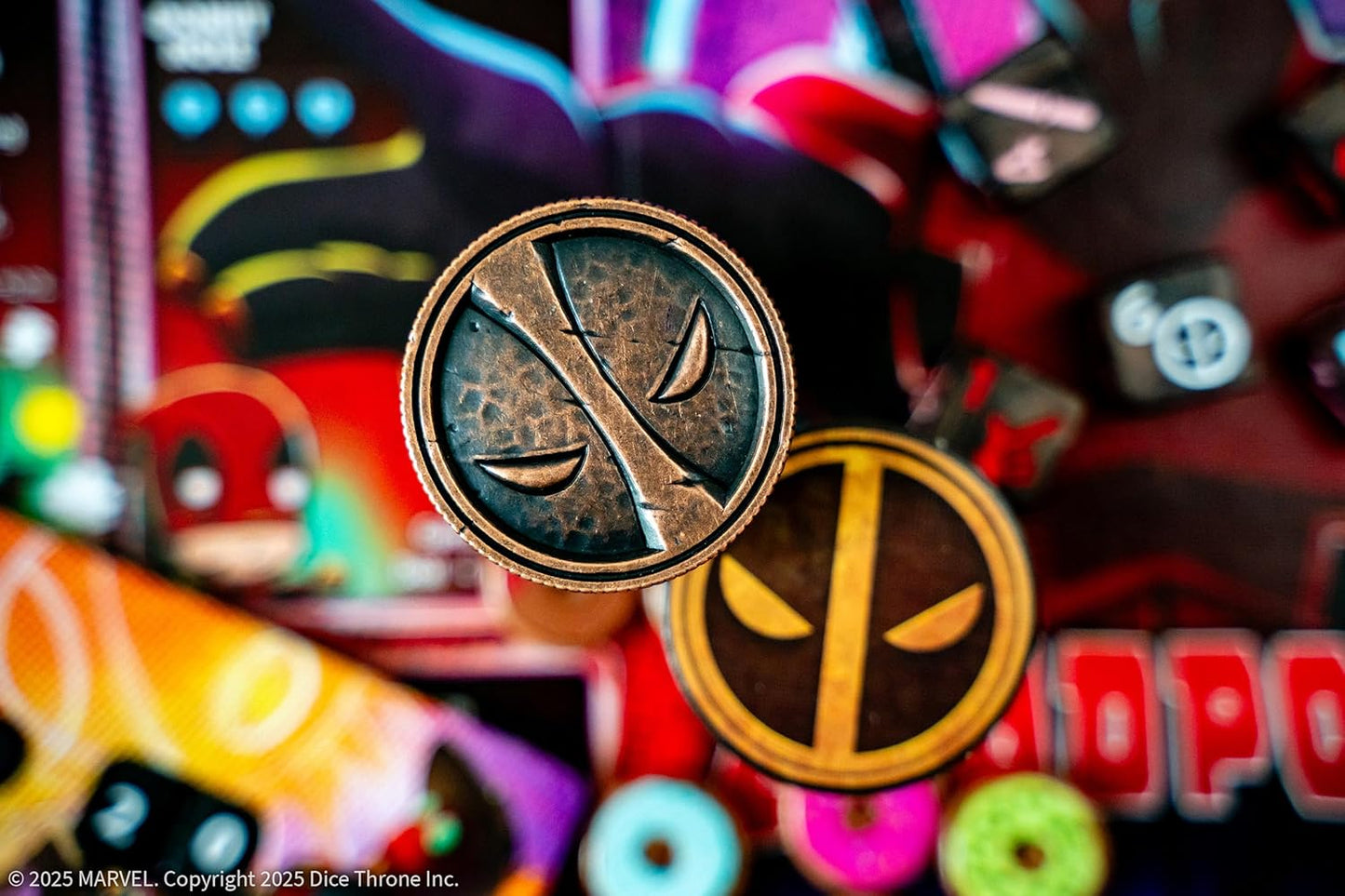 Two Deadpool pins on a colourful background with game elements.