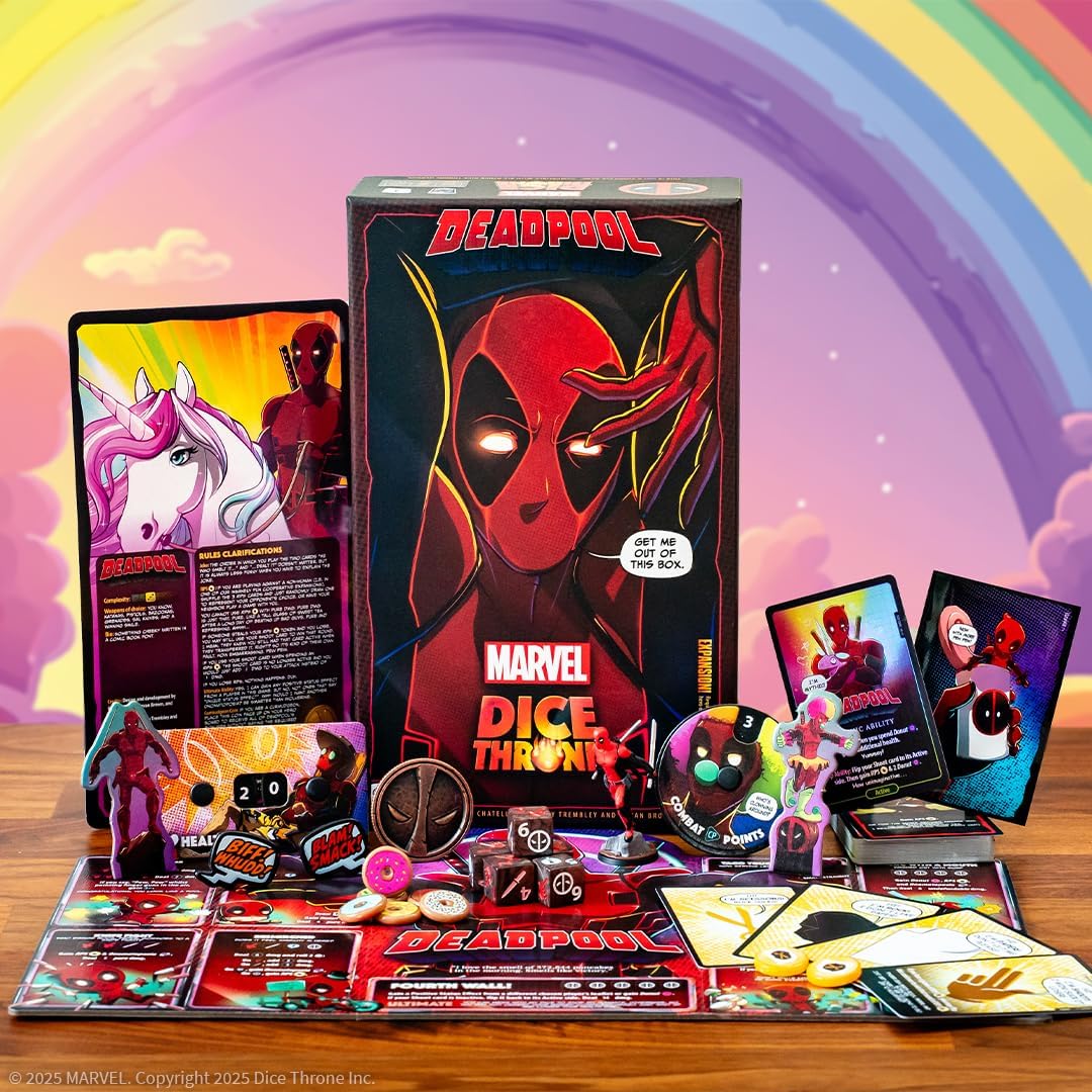Marvel Dice Throne game set with Deadpool theme on a colourful background