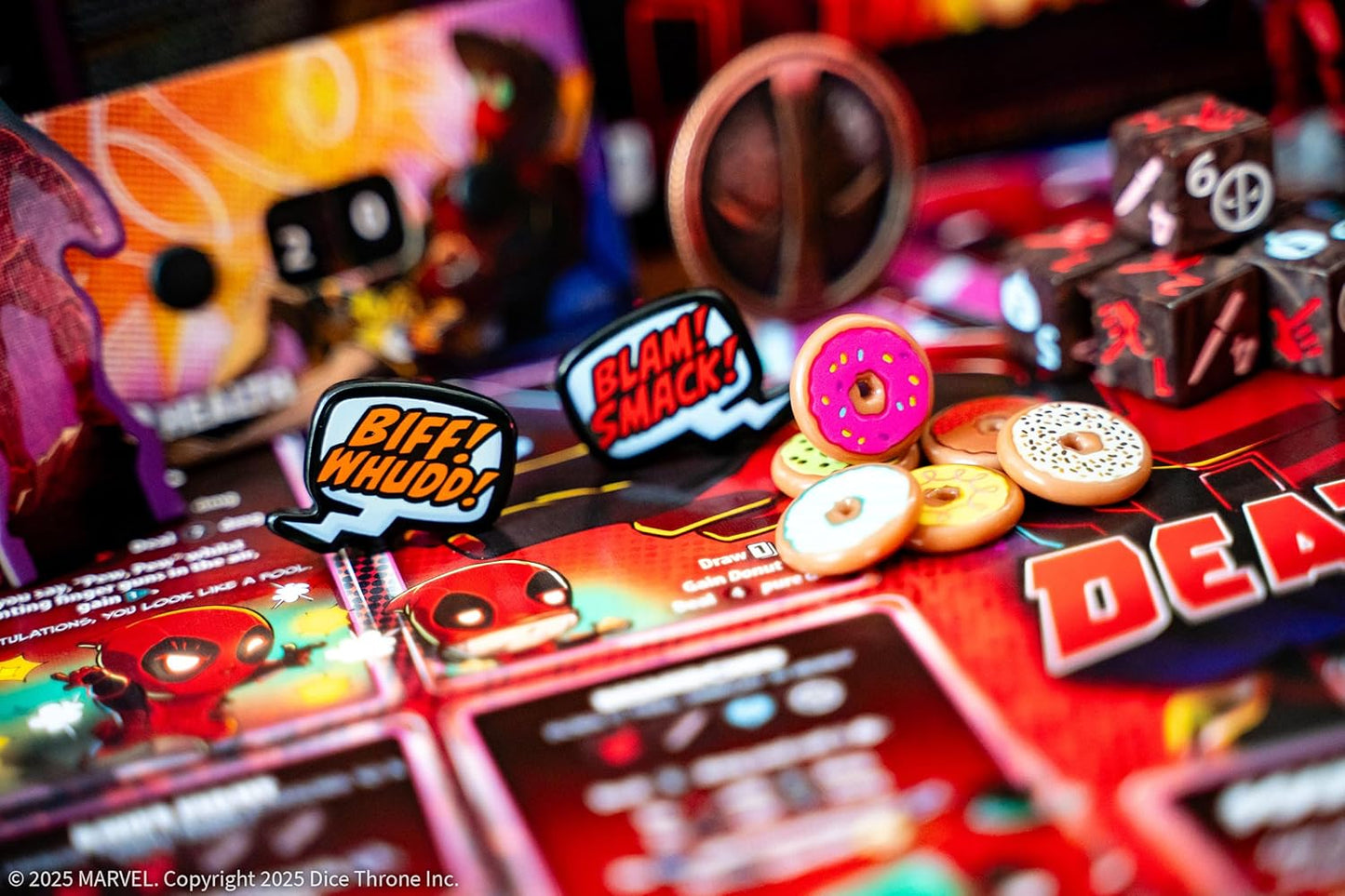 Collection of colourful pins and game pieces on a vibrant background
