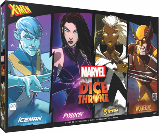 Marvel Dice Throne game box with X-Men characters Iceman, Psylocke, Storm, and Wolverine on a black background.