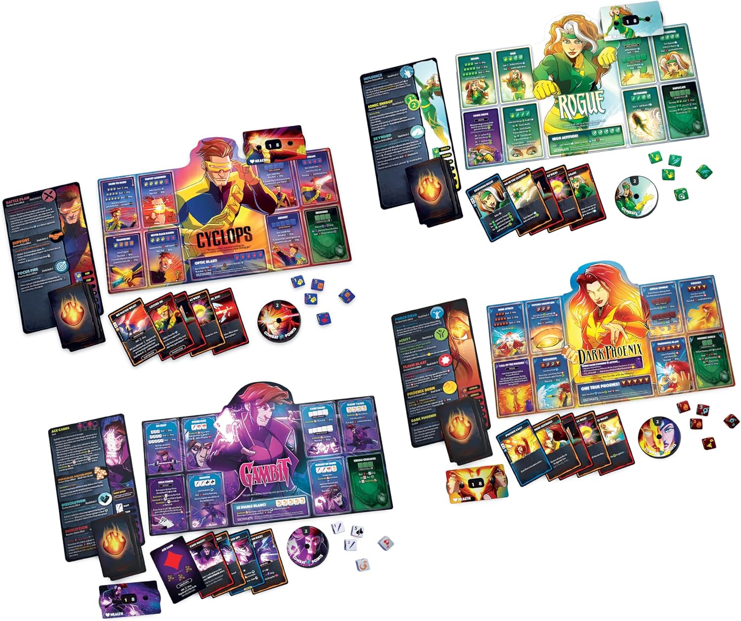 Collection of superhero-themed trading cards and game pieces on a white background