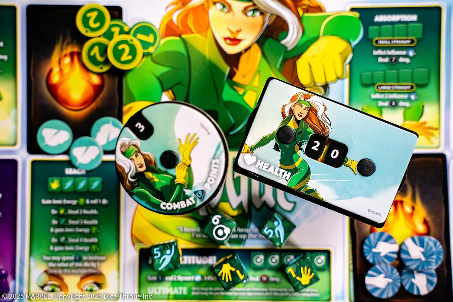 Dice Throne x-men game with character cards and game pieces on a colourful background