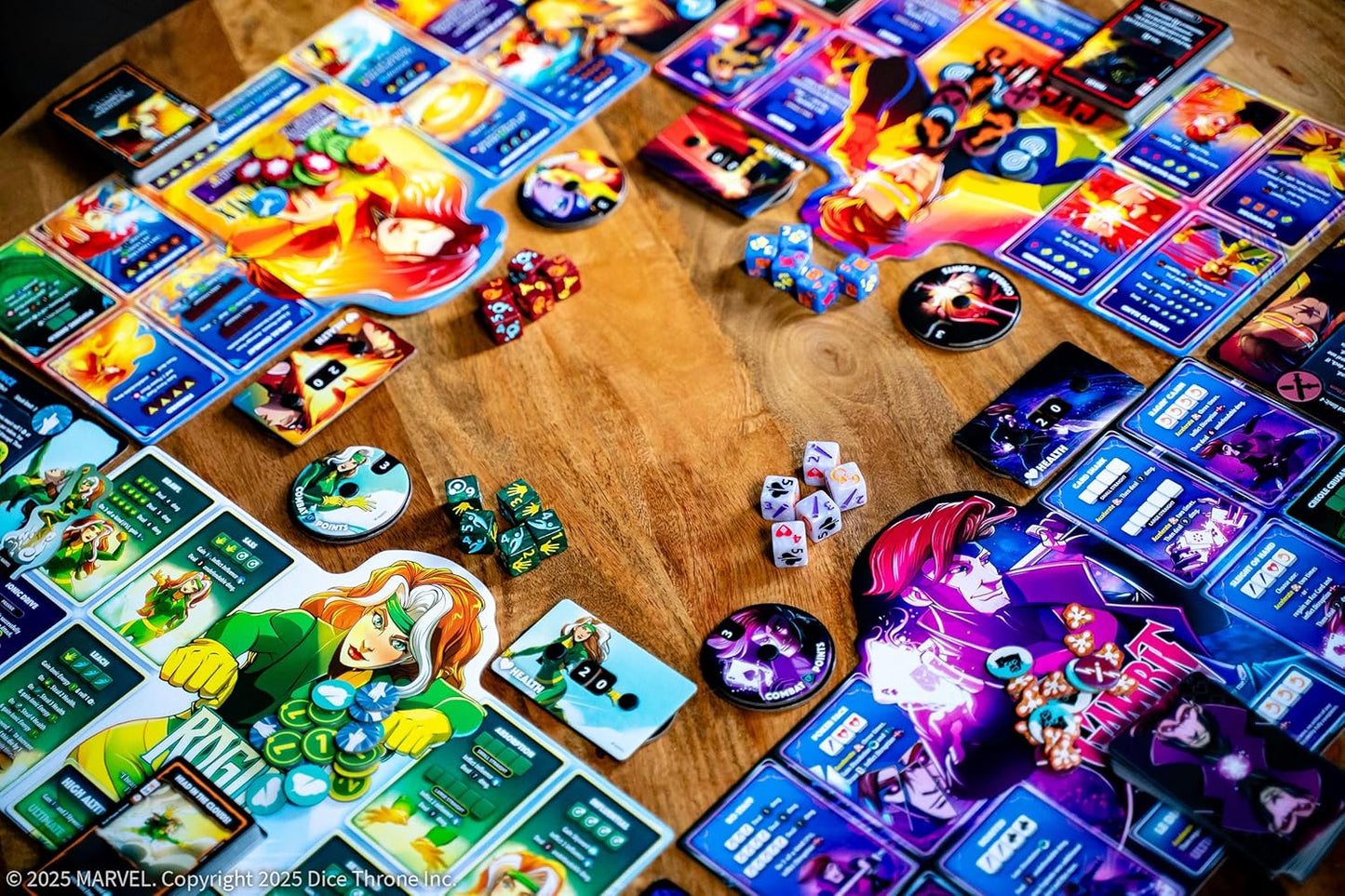 Colourful board game components on a wooden table