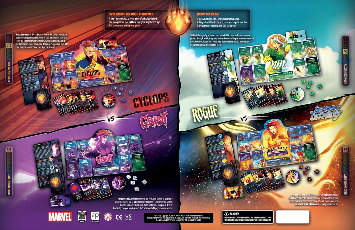 Game contents with character cards and game components on a colourful background