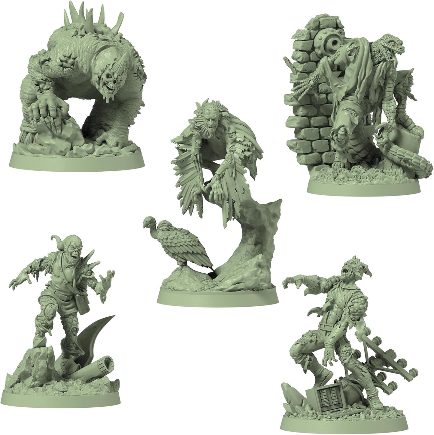 Set of green marvel zombies fantasy figurines on a white background