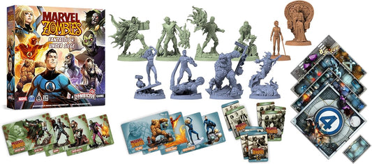 Marvel Zombies board game set with figures and cards on a white background