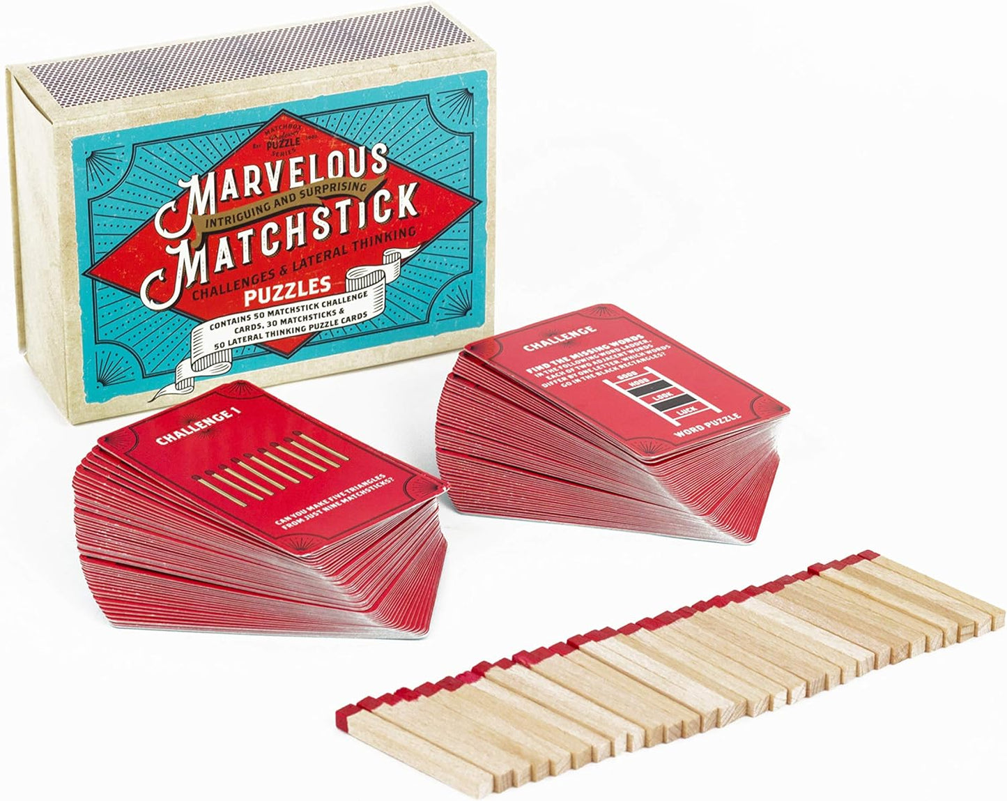 Packaging for 'MARIVLOUS MATCHSTICK PUZZLES' with a colourful decorative pattern and text, containing 50 matchstick challenges and lateral thinking puzzles.
