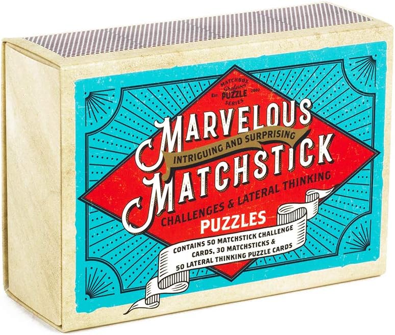 Packaging for 'MARIVLOUS MATCHSTICK PUZZLES' with a colourful decorative pattern and text, containing 50 matchstick challenges and lateral thinking puzzles.