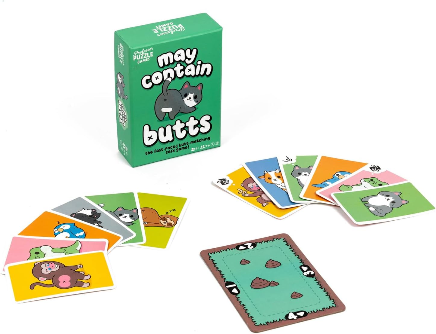 Card game with 'may contain butts' box and cards on a white background