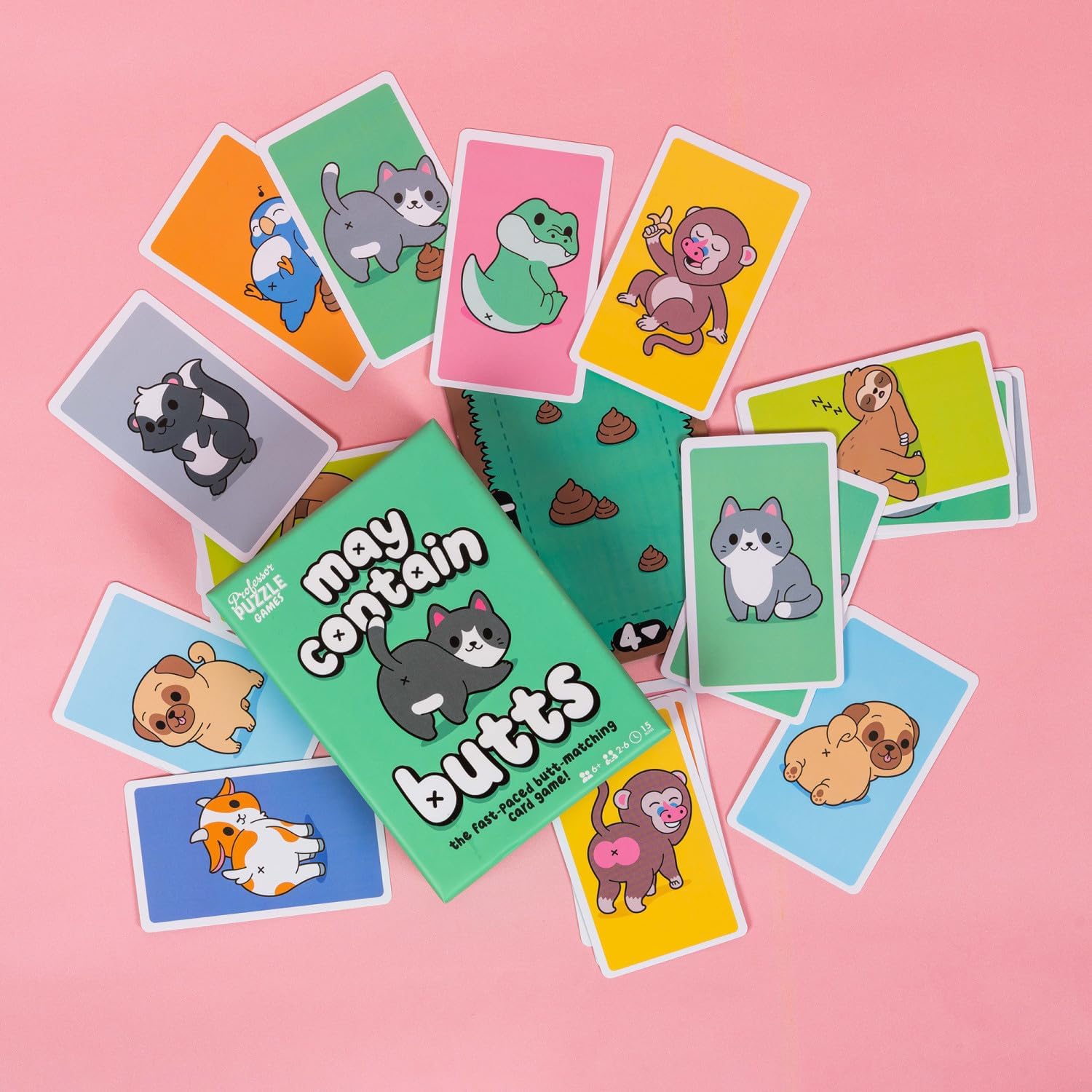 Card game with cartoon animals on a pink background