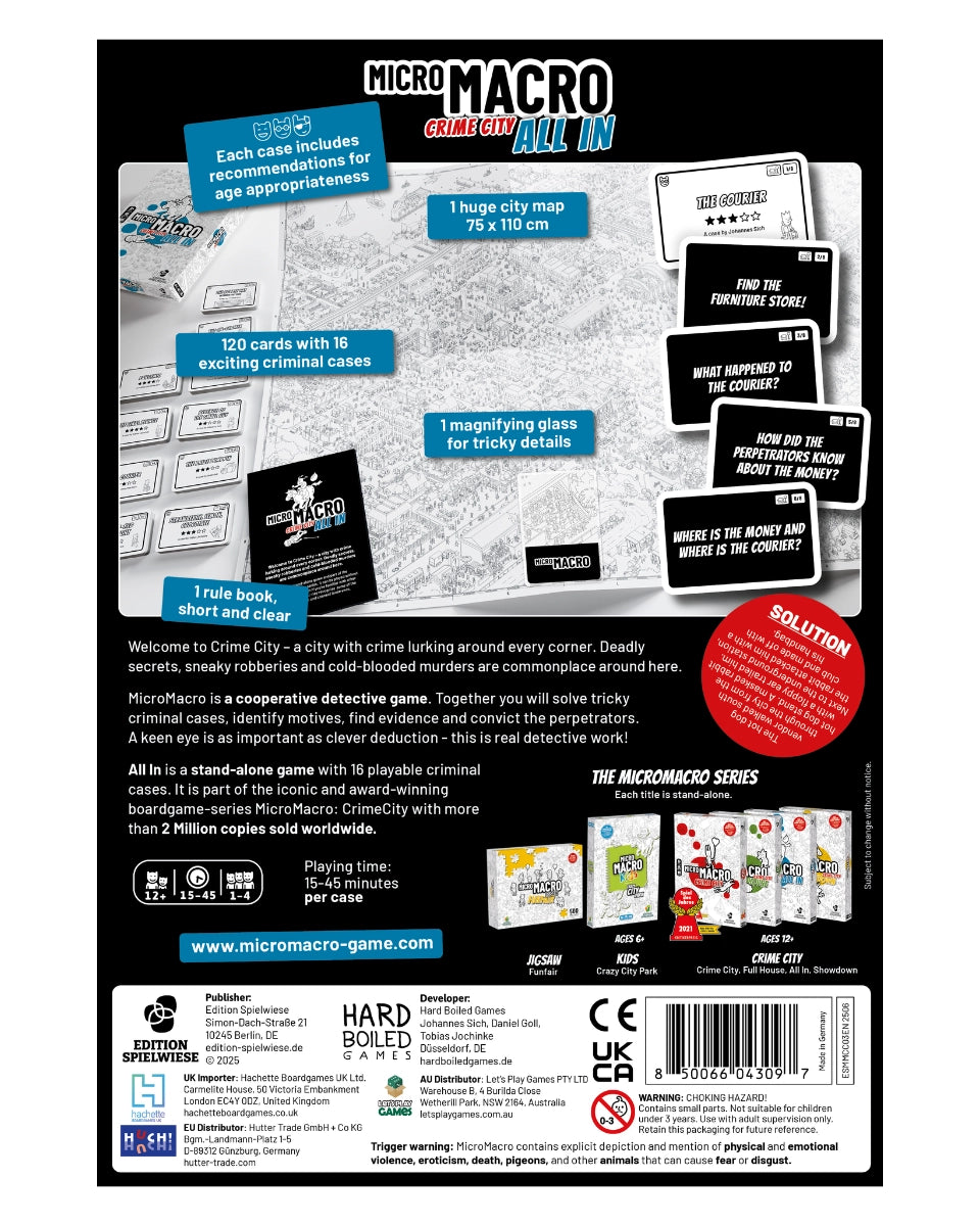 Back view of MicroMacro - Crime City: All in, game packaging with text and graphics.