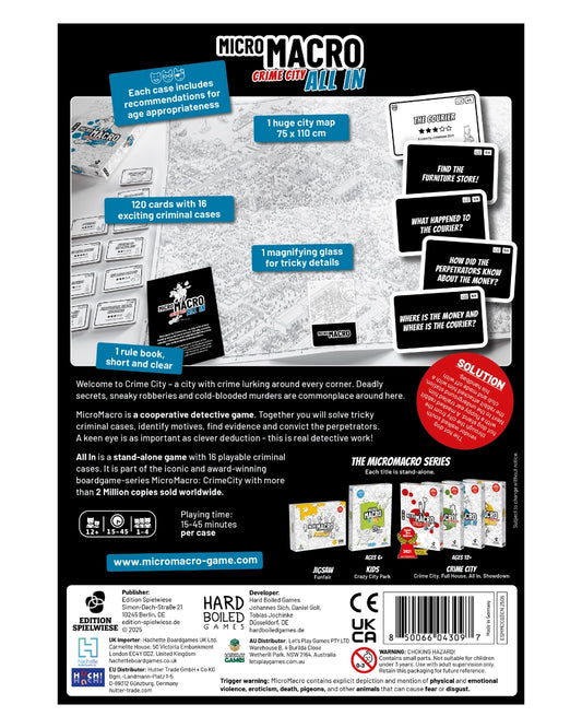 Back view of MicroMacro - Crime City: All in, game packaging with text and graphics.