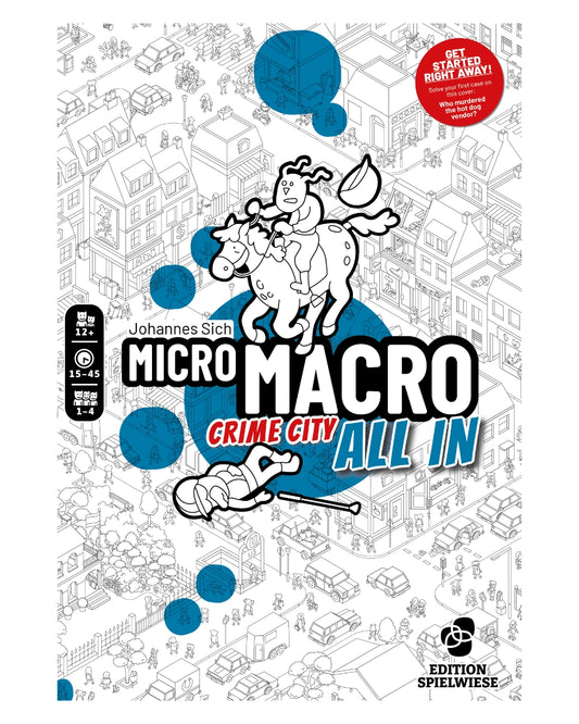 Front cover of packaging for MicroMacro - Crime City: All in.  with city line drawing illustration
