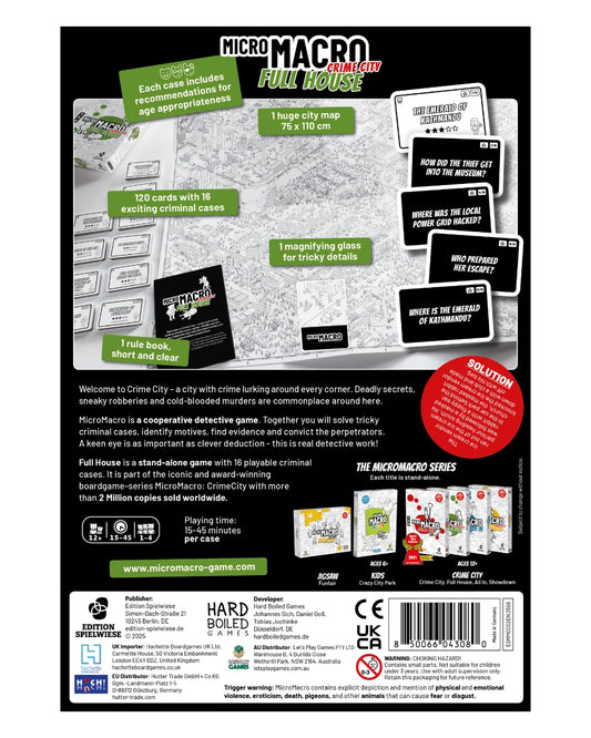 Back view of MicroMacro - Crime City: Full House game packaging with cards and map
