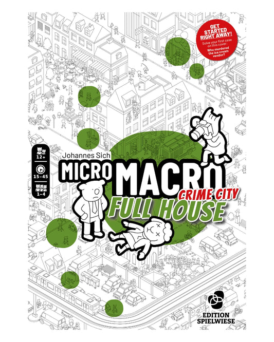 Board game box for 'MicroMacro Crime City Full House' with cityscape illustration and character graphics.