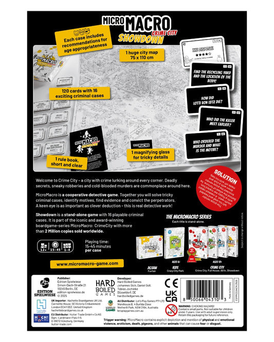 Back cover of Micro Macro Crime City Showdown packaging with text and city map graphic.