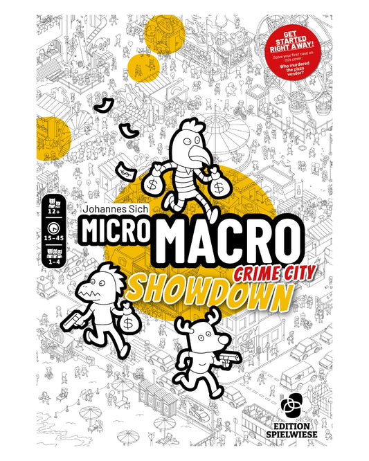 Game box for 'Micro Macro Crime City Showdown' with cartoon characters and cityscape illustration.