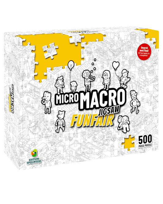 Micro Macro Jigsaw Funfair puzzle box with cartoon characters and '500 Piece Puzzle' text on a white background.