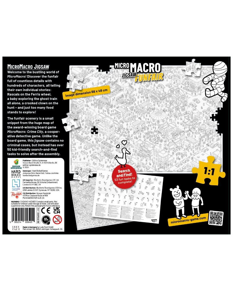 MicroMacro puzzle packaging with puzzle pieces and branding on a white background