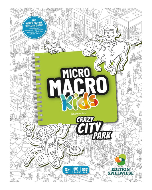 Children's game 'Micro Macro Kids Crazy City Park' with illustrations and a green spiral-bound cover.
