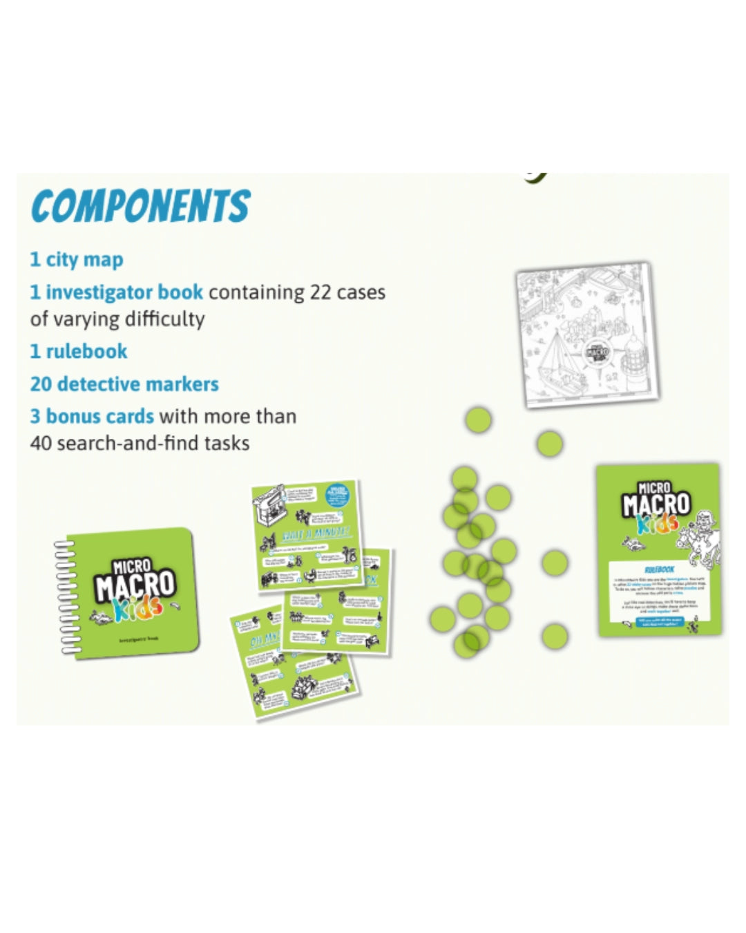 Components of MicroMacro Kids: Crazy City Park a detective-themed game including a city map, investigator book, rulebook, markers, and bonus cards on a white background.