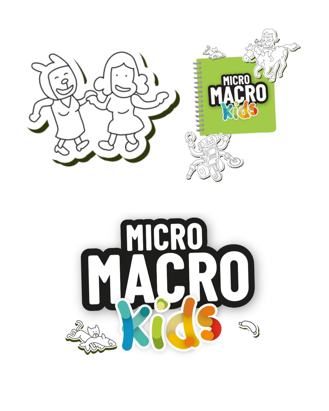 Micro Macro Kids branding with cartoon characters and a notebook on a white background