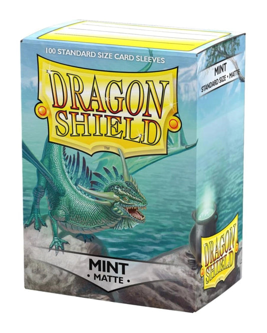 Dragon Shield card sleeves box, mint matte edition, featuring a green dragon illustration on a blue and teal background with yellow branding.