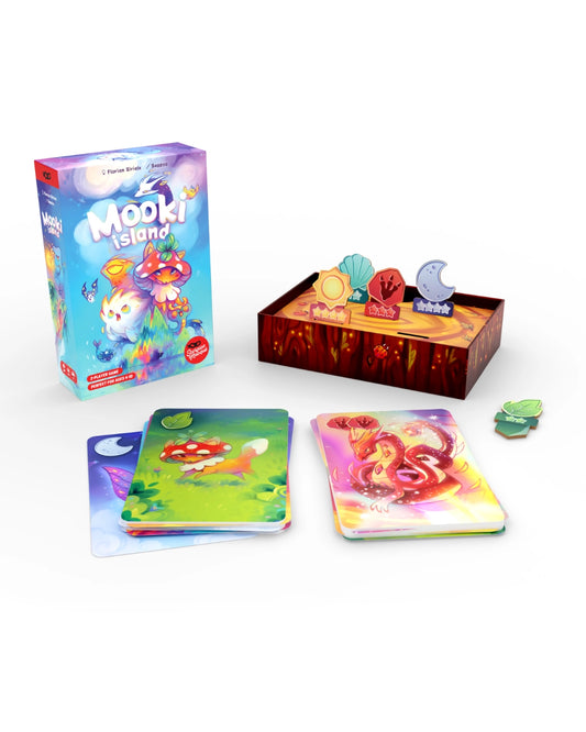 Mooki Island board game set on a white background, showing the colourful game box, a wooden play mat with game pieces, and several illustrated cards.