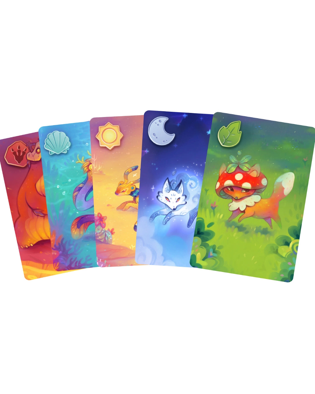 A fan of colourful illustrated cards on a plain white background, each showing a different fantasy-themed design such as a bear, shell, sun, moon, fox, and mushroom.