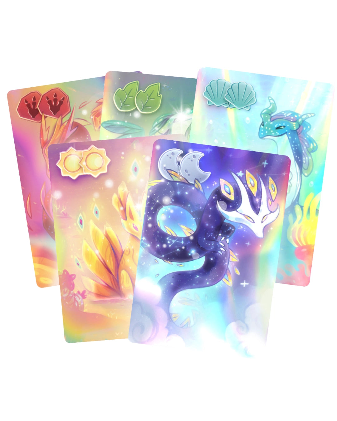 A set of five colourful fantasy illustration cards fanned out on a white background, featuring vibrant cosmic, floral, and nature-themed artwork in pastel and neon tones.