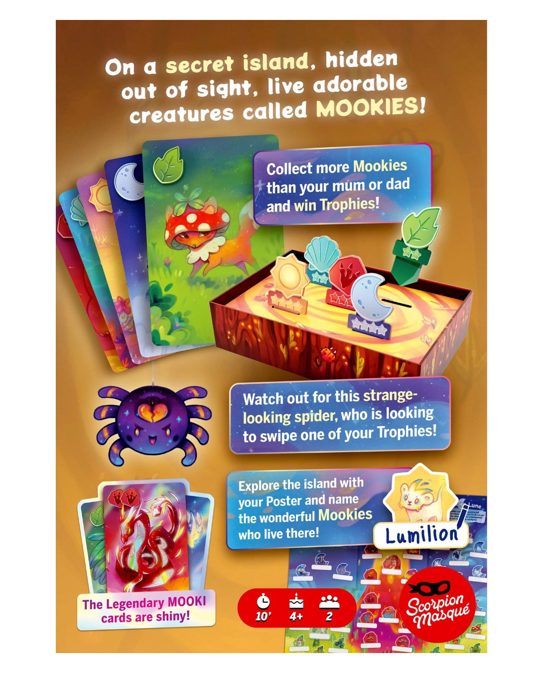 Promotional graphic for the Scorpion Masquerade card game 'Lunion' showing various colourful illustrated cards, a treasure chest with shells, and a spider token on a brown background with text describing the game.