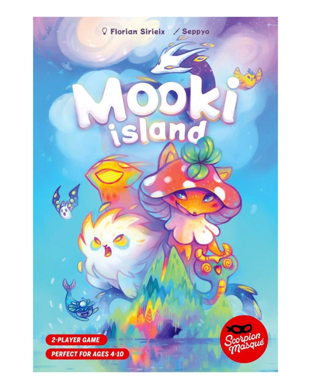 Front cover of the board game Mooki Island, featuring colourful fantasy artwork with a blue sky, glowing clouds, a white cat-like creature, a mushroom character, and a red Scarabiasque logo badge.
