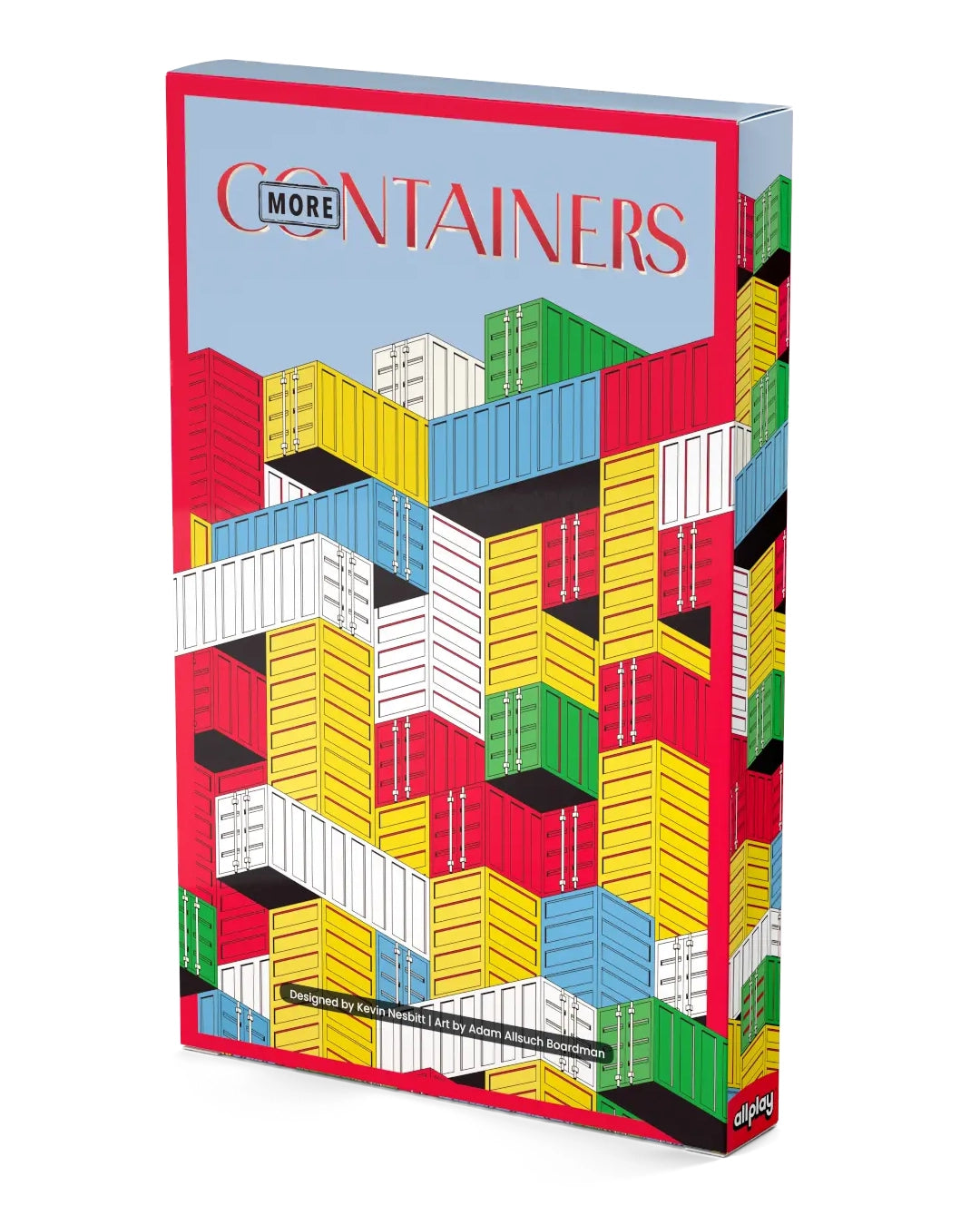 The packaging box for the 'More Containers' board game featuring a colourful illustration of stacked shipping containers in red, yellow, green, blue, and white against a light blue sky background.