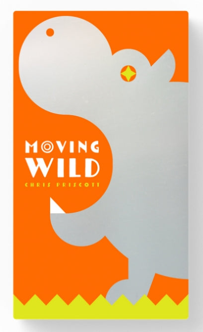 The image shows the cover of a board game called 'Moving Wild' designed by Chris Prucha. The cover features a stylised, 3D-like design with an orange background and a silhouette of an animal, specifically an elephant, in a national park setting.

