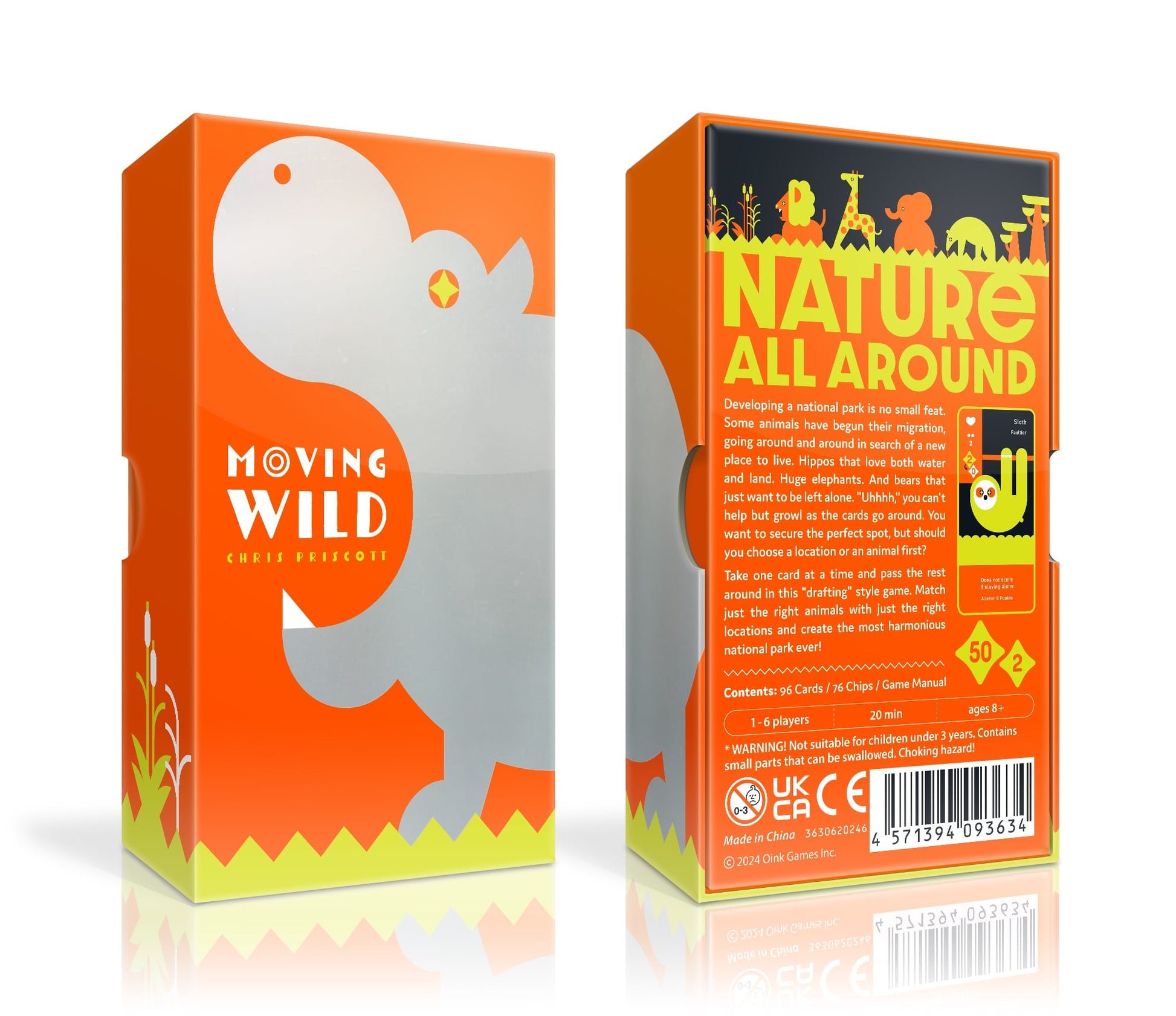 Card game packaging for 'Moving Wild' with nature-themed design on an orange background
