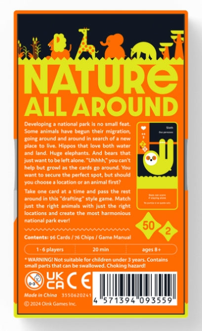 Card game "Moving Wild" box text 'Nature All Around' with colourful animal illustrations on an orange background.