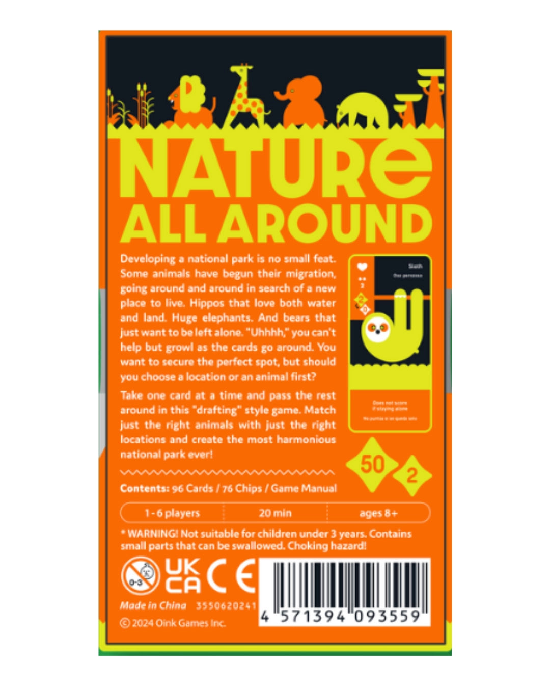 Back of Moving Wild card game box featuring a bright orange background, black top band, yellow title text, animal illustrations, product description, player count, age, playtime, warning label, and barcode.