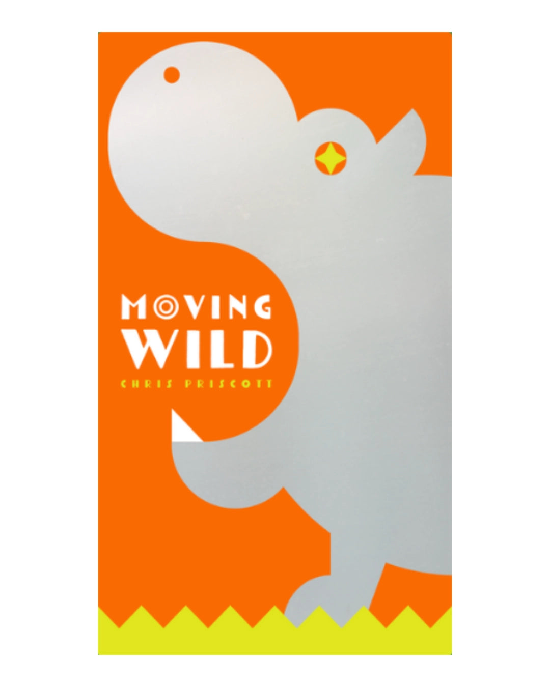 box cover for 'Moving Wild' by Chris Prescot, featuring a stylised silver dinosaur silhouette on a bright orange background with a yellow zigzag border at the bottom.