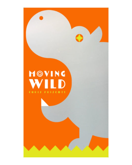 box cover for 'Moving Wild' by Chris Prescot, featuring a stylised silver dinosaur silhouette on a bright orange background with a yellow zigzag border at the bottom.
