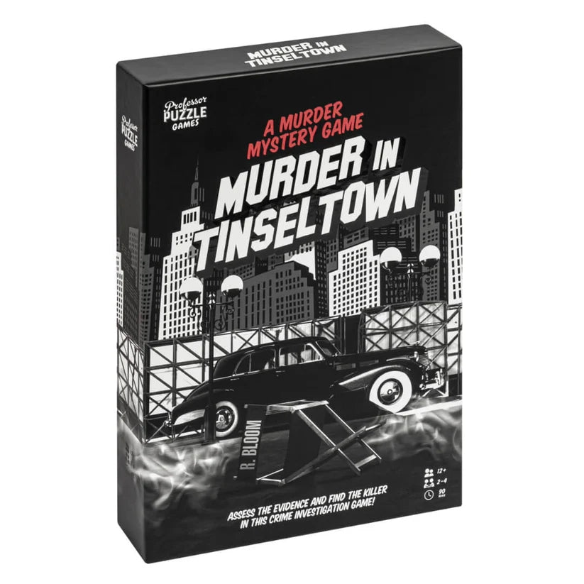 Board game box titled 'Murder in Tinseltown' with a black and white cityscape design.