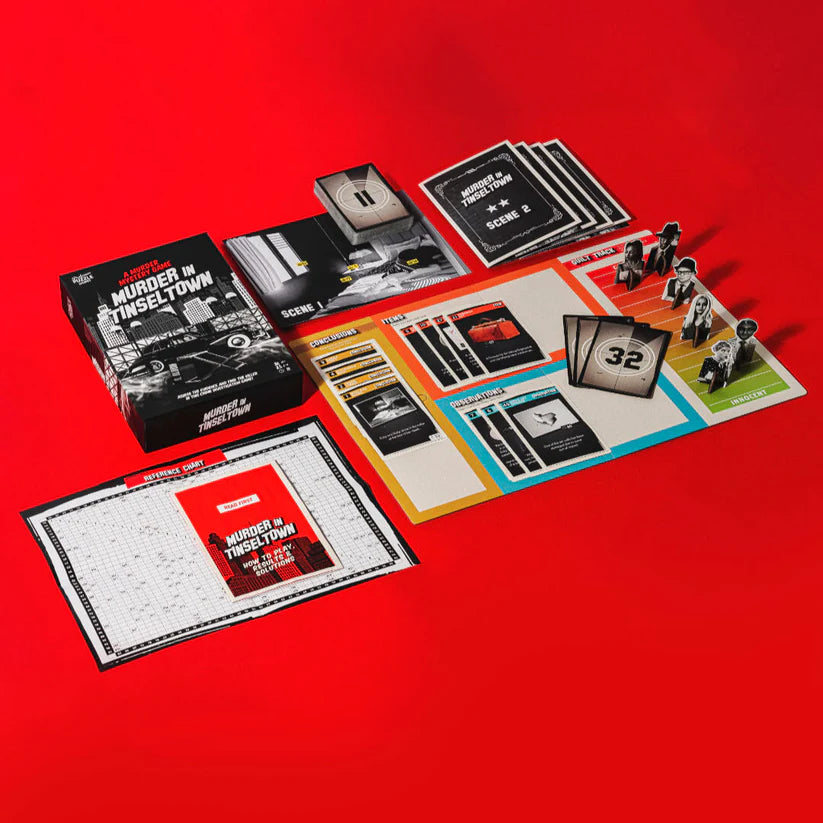 Murder in Tinseltown board game components including cards and pieces on a red background