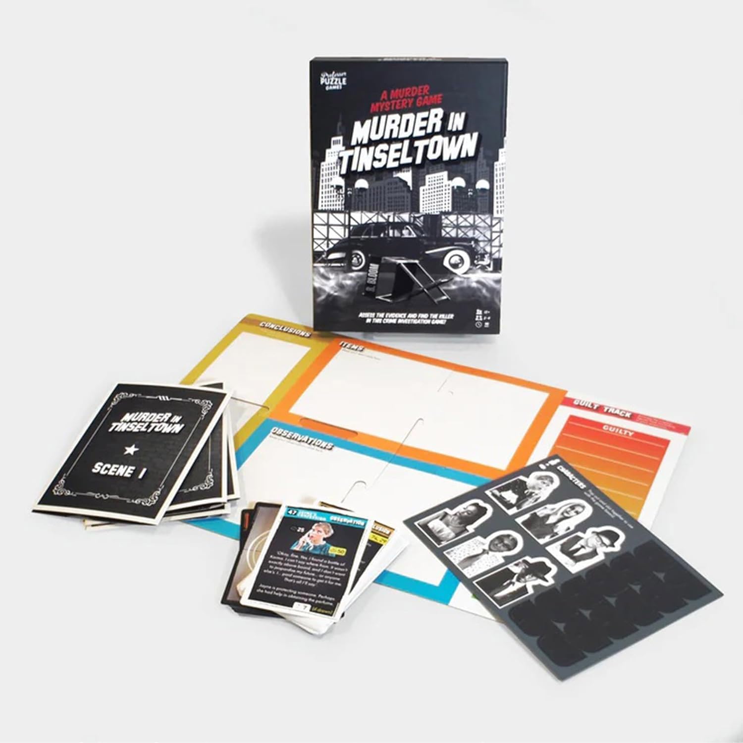 Board game components including cards and a box titled 'Murder in Tinseltown' on a white background.