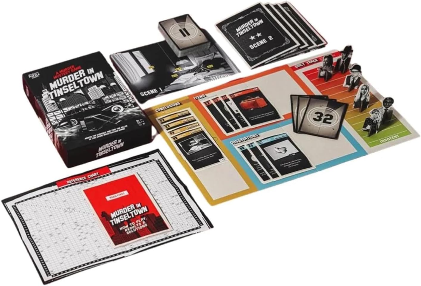 Murder in Tinseltown board game components including a box, cards, and pieces on a white background