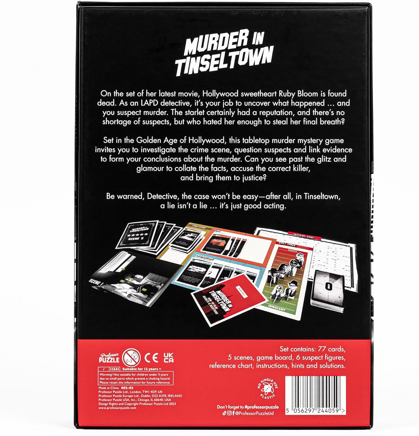 Back of a board game box titled 'Murder in Tinseltown' with text and images of game components.