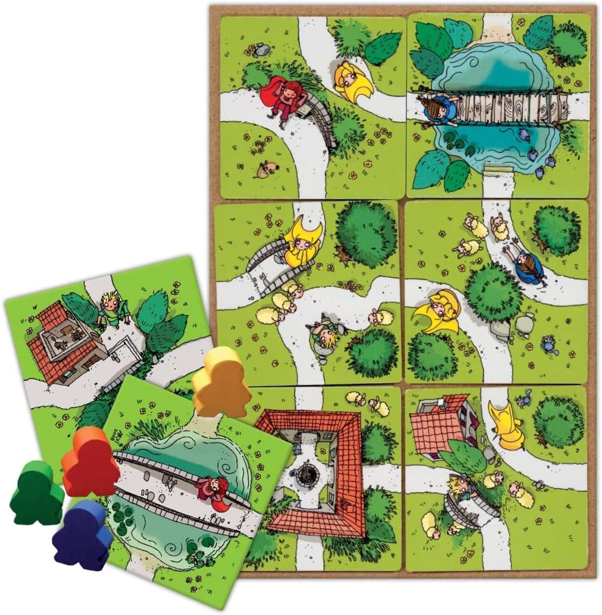 Children's Board game My First Carcassonne with colourful pieces and a green board featuring cartoon characters and landscapes.