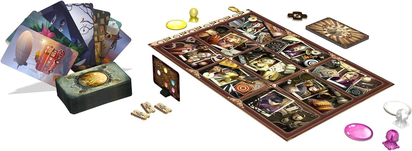 Board game with cards and pieces on a white background