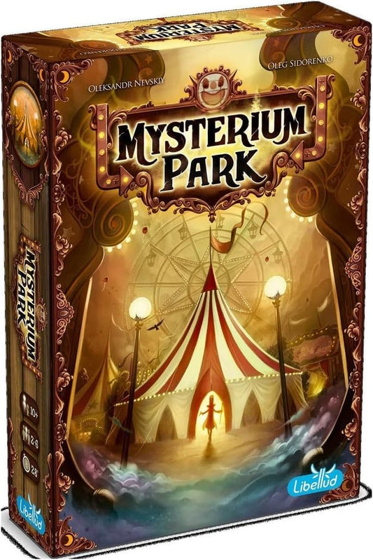 Board game box for 'Mysterium Park' with circus tent design on the cover.