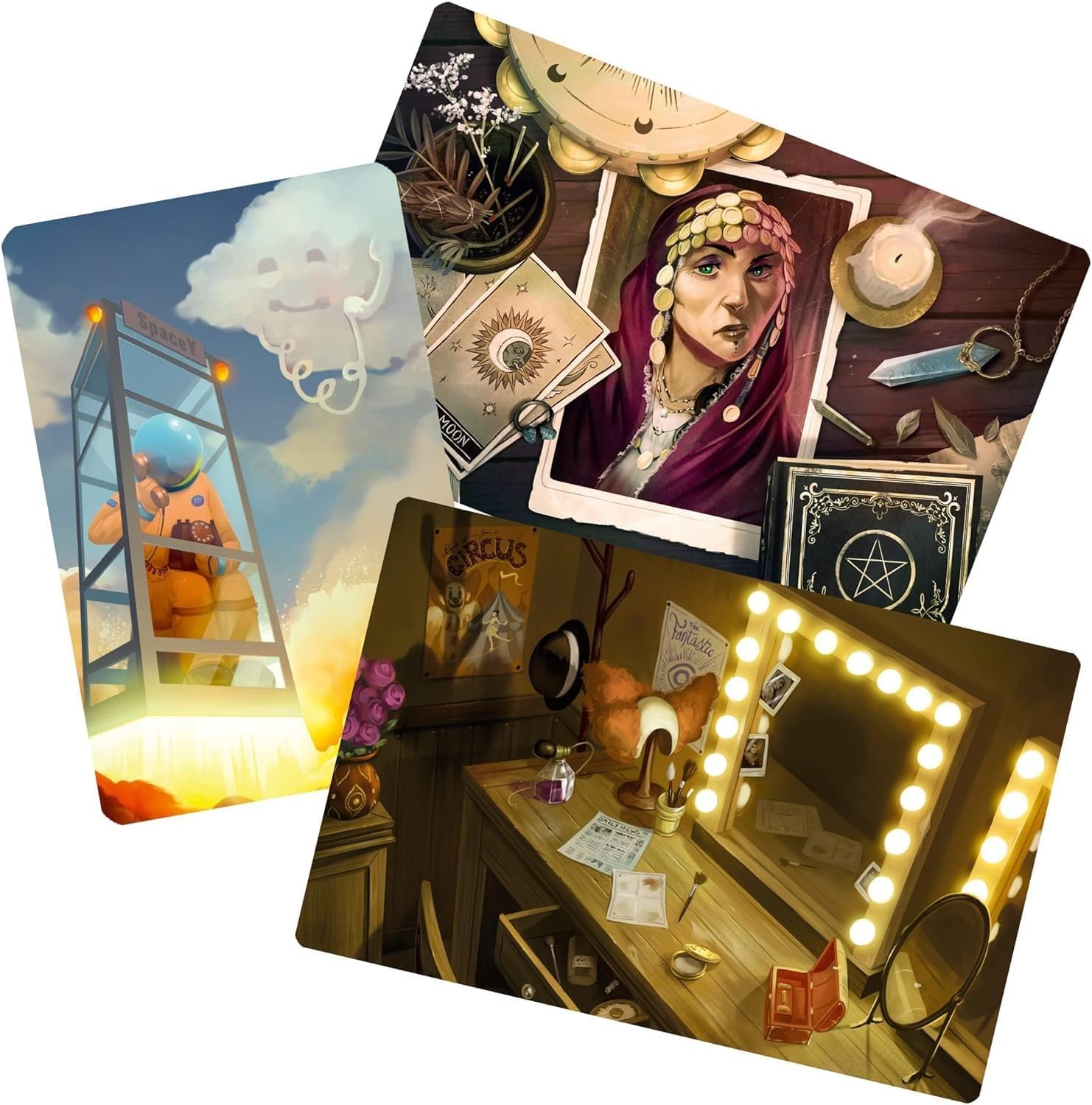 Collection of tarot cards with various designs and a illuminated card holder.