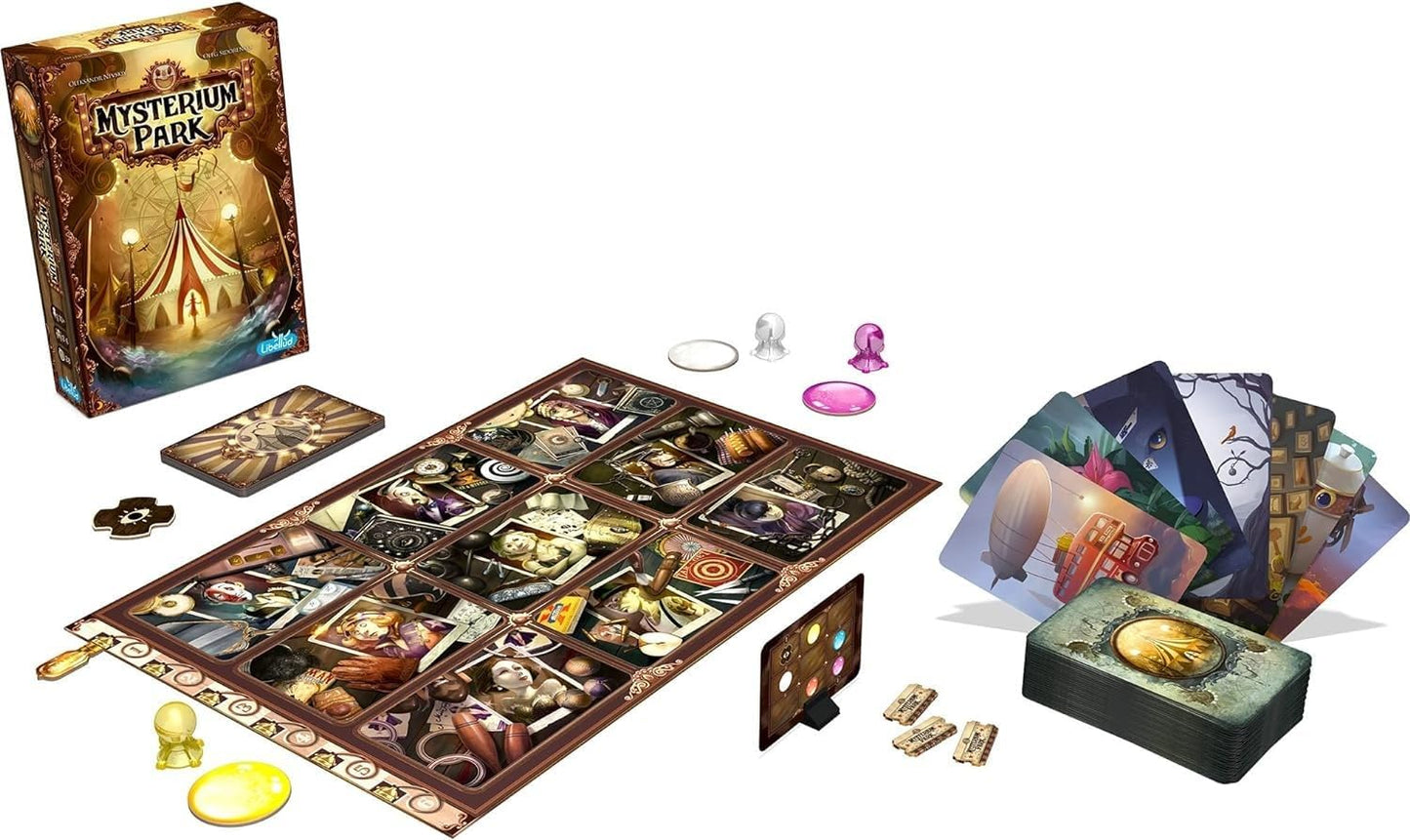 Mysterium Park board game set with components on a white background